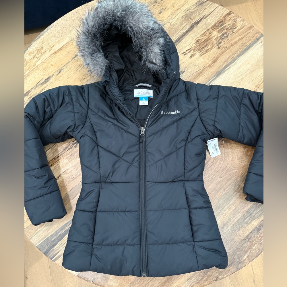 NWT Girls Columbia Black Puffer Jacket with Fur Hood Size Medium